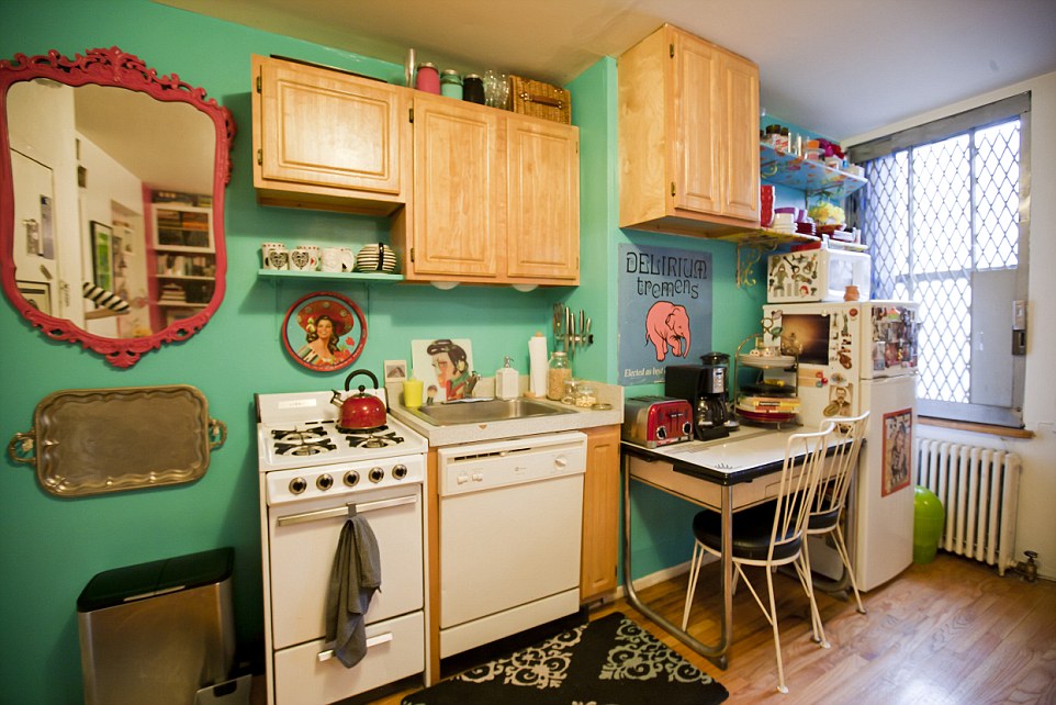 The apartment has a door-less bedroom, efficiency kitchen and small lavatory and is full of vibrancy and quirky touches, like the tray (left) which doubles as wall art to save on storage (pictured: Queens, New York, studio apartment)