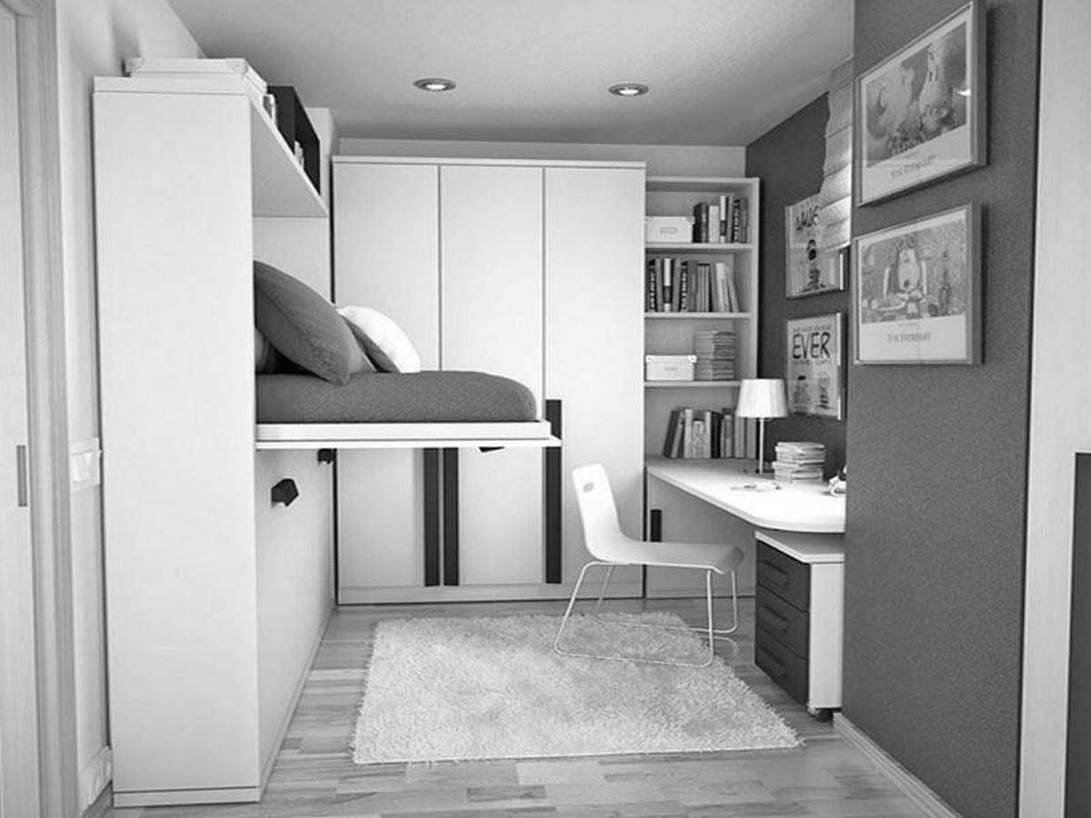 elegant well organized tiny room equipped by the modern classy furniture and built in wardrobes and bookshelves with small study area