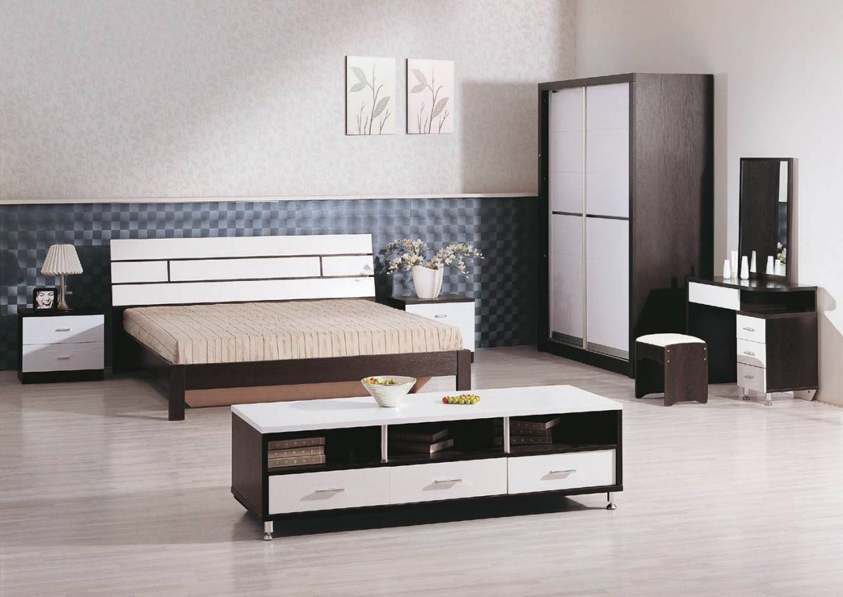 minimalist bedroom design with simple wooden furniture set, king size bed, closet and small shelves