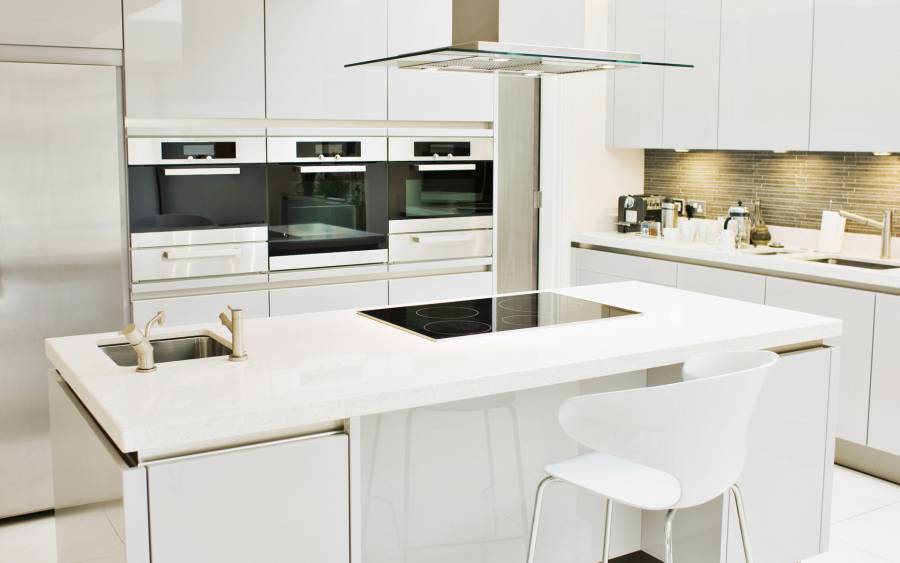 25 - Excellent White Color Room of Small Kitchen Ideas with Electric Kitchen and Sink on Kitchen Island Furnished with High Chairs and Completed with Ovens on Wall Cupboard