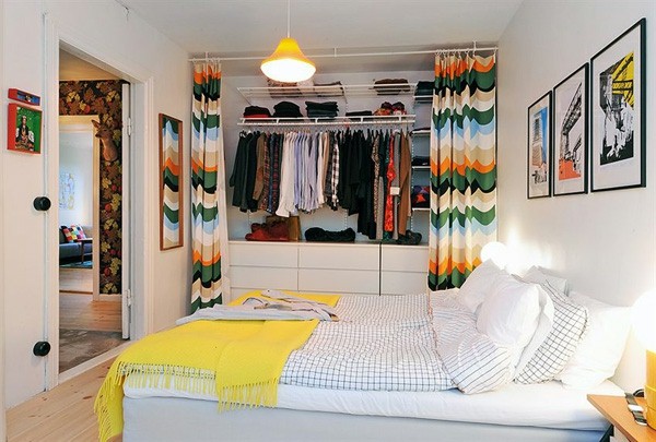 Designed bedrooms in a Scandinavian style colorful curtains in dresses