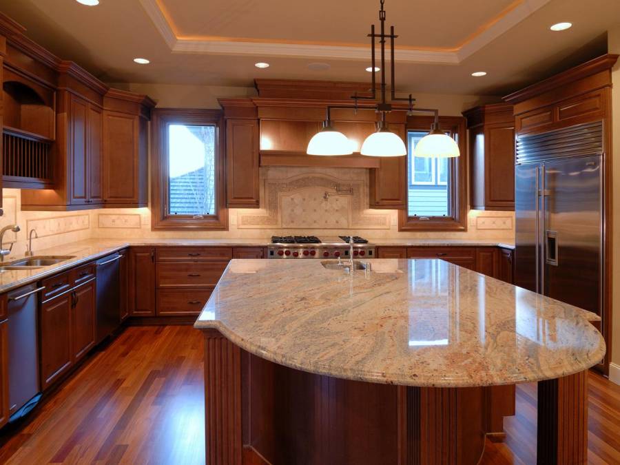 73 - Splendid design modern kitchen with island brown wooden kitchen island brown wooden kitchen storage cabinets beige color marble countertops double bowl kitchen sink