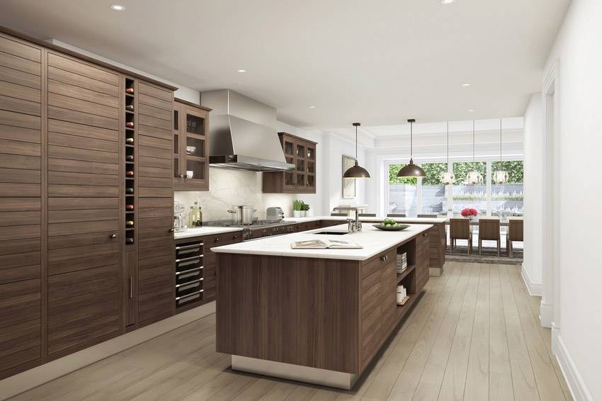 contemporary kitchen with limestone and rich wood cabinetry