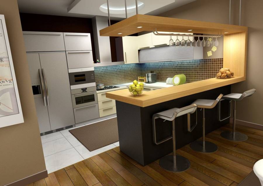 Kitchen with open layout, limestone flooring and dark cabinetry