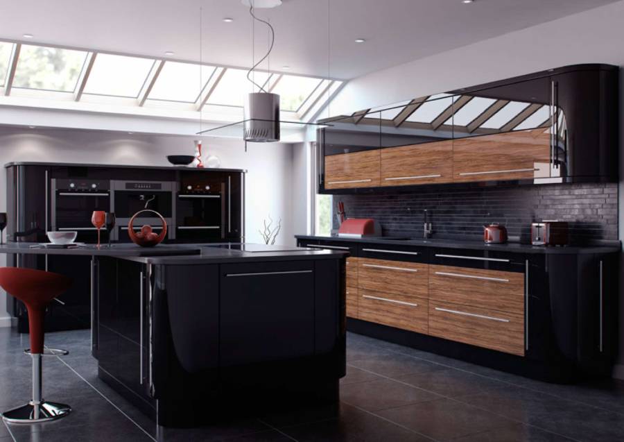 White quartz counter kitchen with dark wood