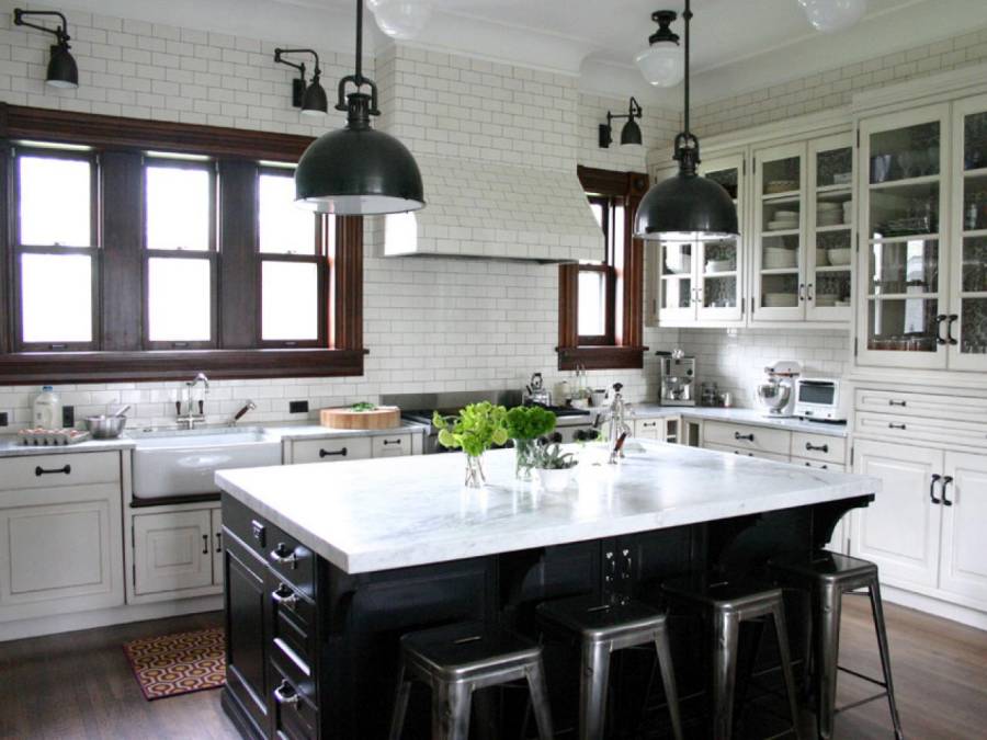 White quartz counter kitchen with dark wood