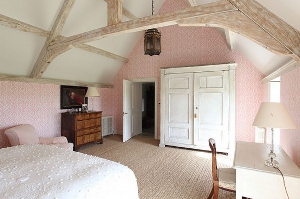 bed bedroom barn style pink wallpaper