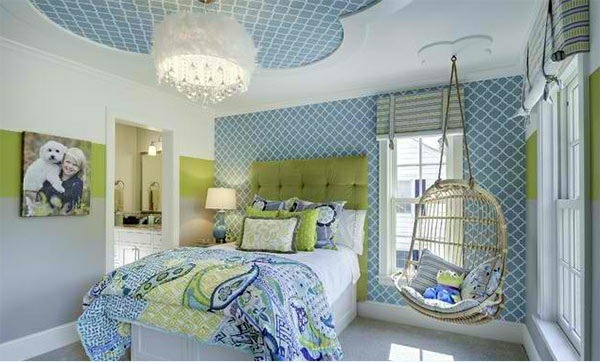 bedroom colors ideas blue green patterned wallpaper