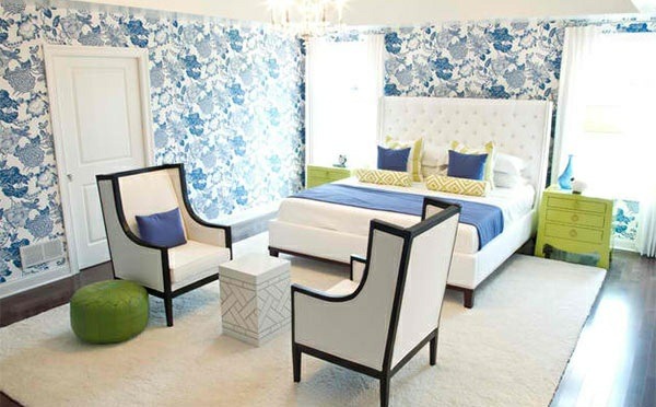 bedroom color ideas blue white green patterned wall 