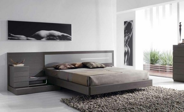 Bed gray shaggy carpet wood headboard modern paintings wall