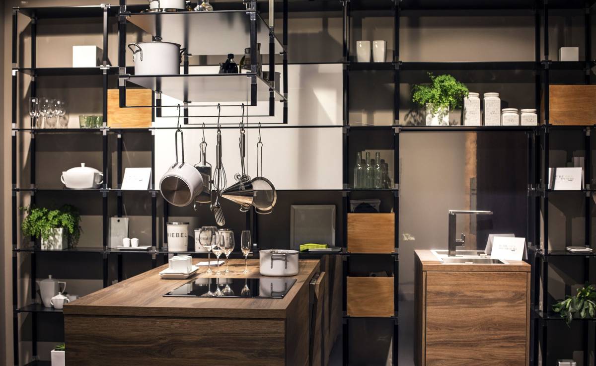 Modern industrial style kitchen shelving with multifunctional island