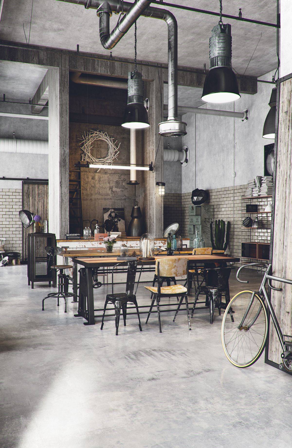 Great industrial kitchen decor with bold and brick walls and big dining space