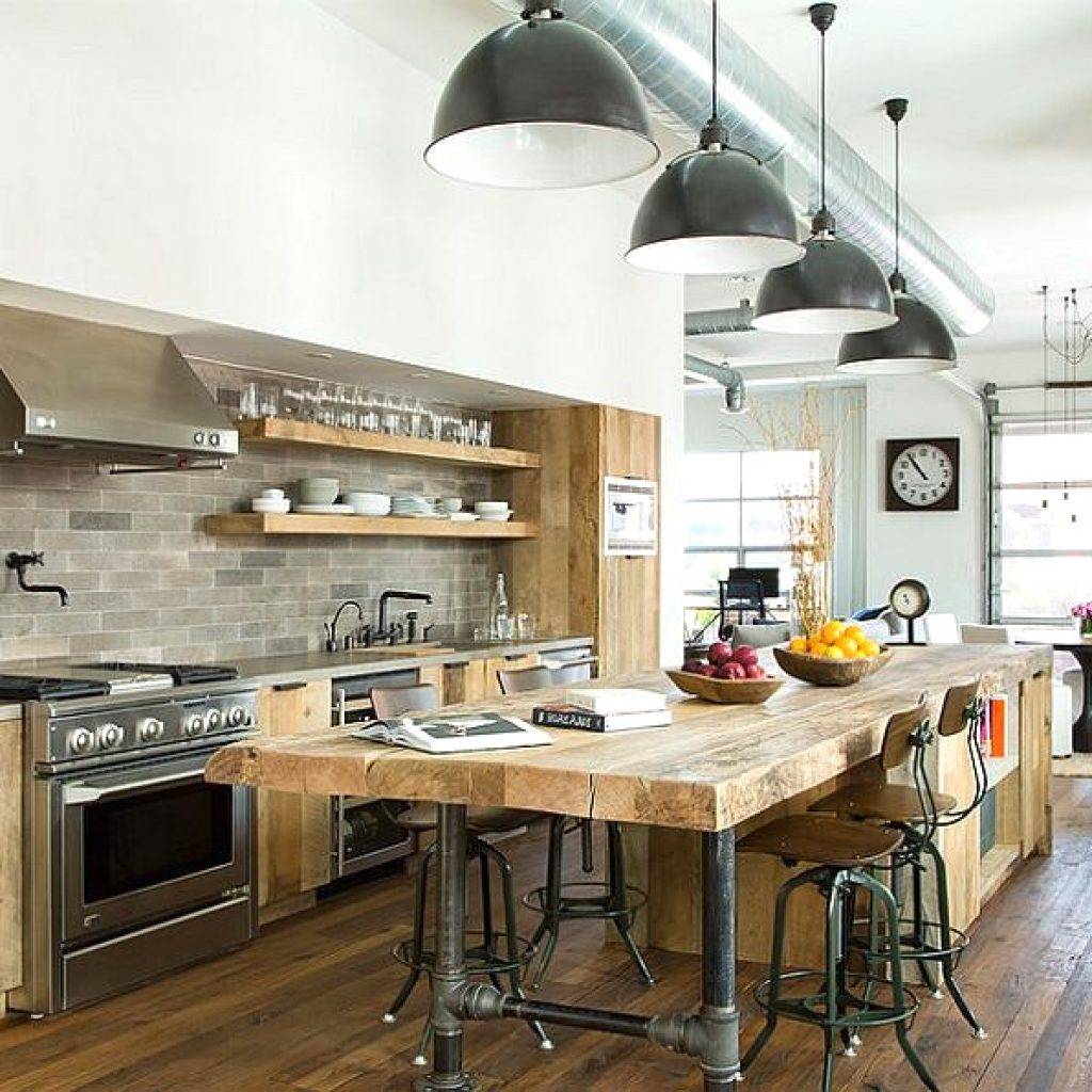 Great industrial style kitchen island with pipes as table legs, rustic island and free standing open shelves