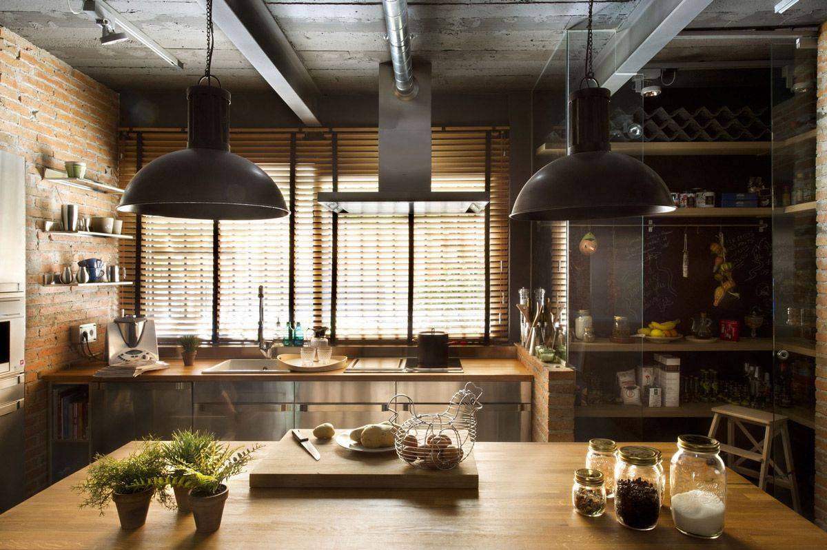 Mid-sized loft kitchen decor and layout with glassed pantry