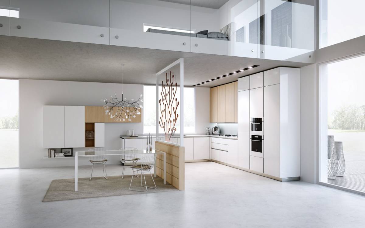 Amazing modern loft kitchen design for big space and bedroom over the kitchen