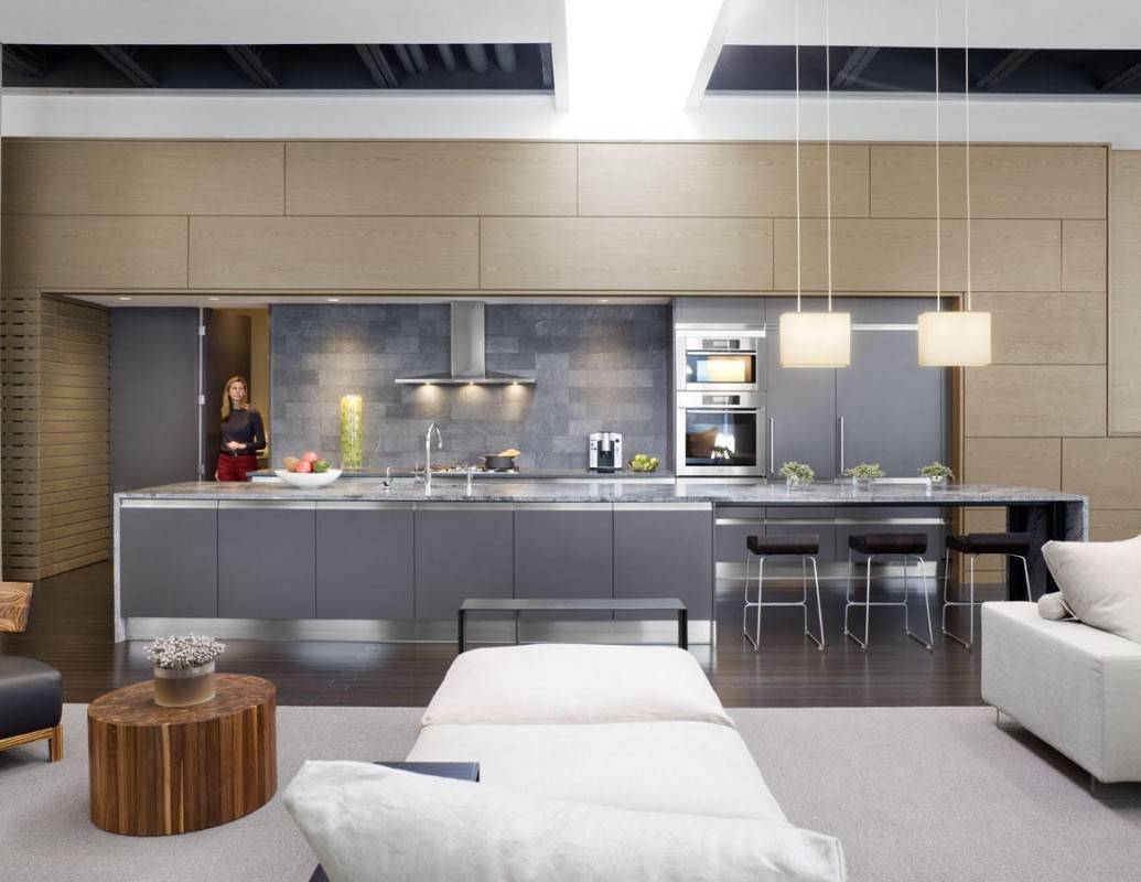 Beautiful modern loft kitchen with lights, gray-and-white furniture and big island