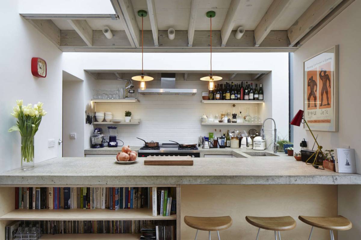 Modern style loft kitchen with library, big work space and open shelves