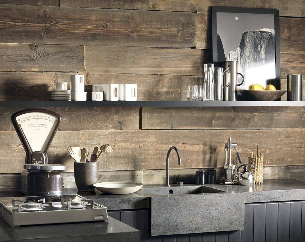 Great rustic loft kitchen with wooden wall decor, big open shelf and marble worktop