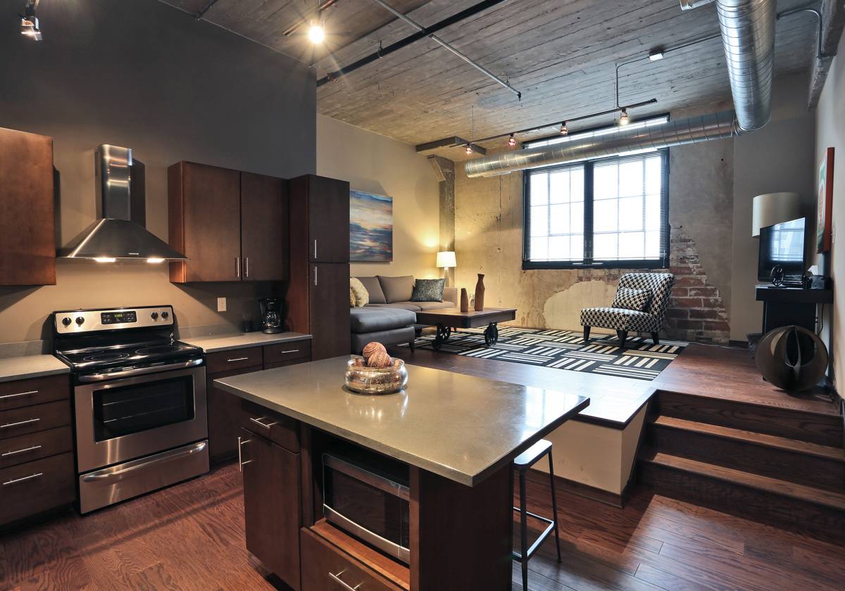 Great rustic loft kitchen with small island and open space