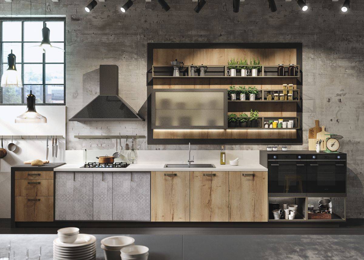 Great rustic loft kitchen with bold walls and open shelving